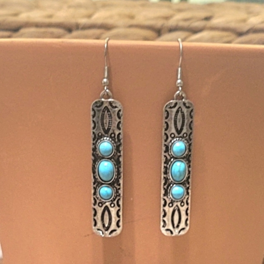 Western Silver And Turquoise Metal Stamped Bar Earrings New